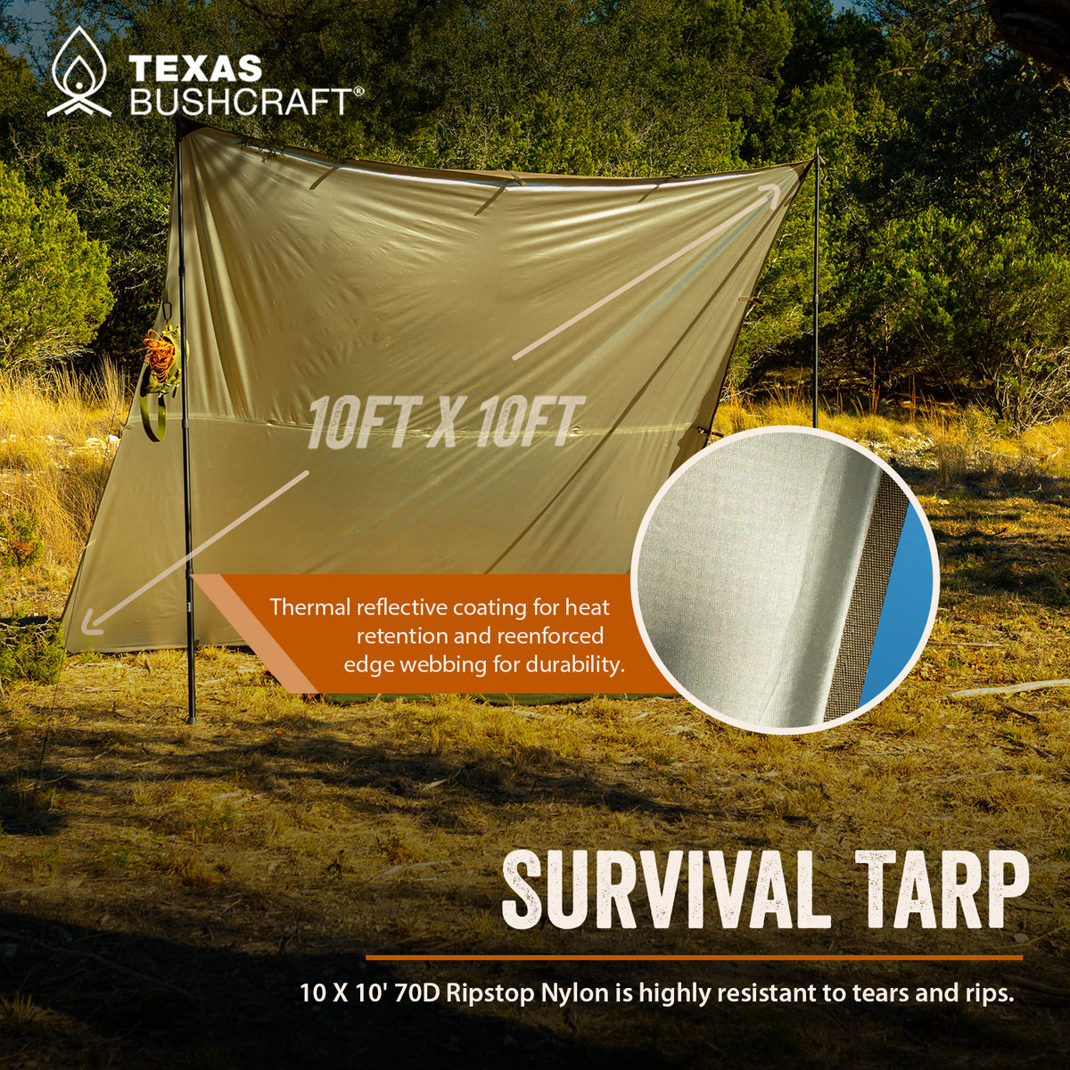 Texas Bushcraft Survival Tarp Waterproof 10x10 70D Ripstop Nylon