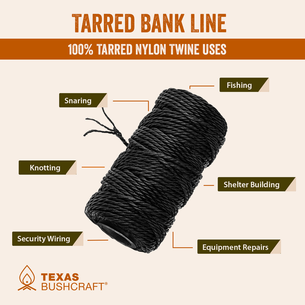 Tarred Texas Bushcraft Tarred Bank Line Twine - #36 Black Nylon String